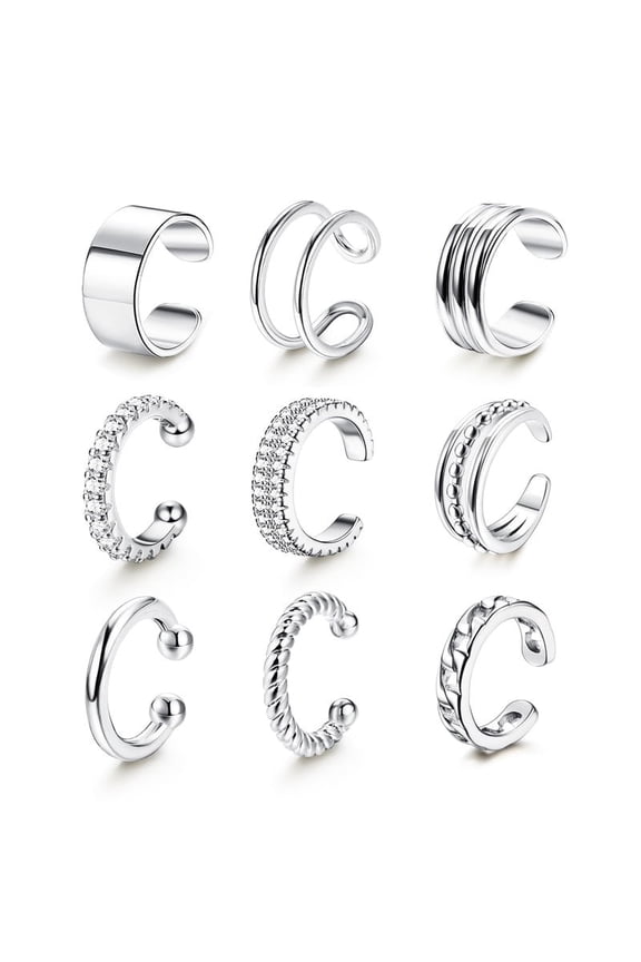 9Pcs Silver Plated Ear Cuff Set No Piercing Adjustable Cartilage Clip On Earrings for Women