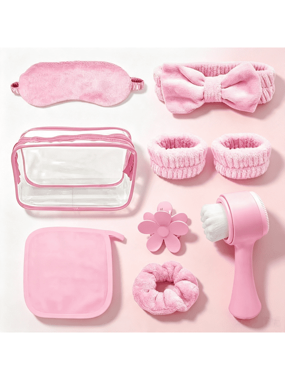 Women Home Beauty Comfort Kit with Eye Mask, Headband, Wrist Bands, Facial Cleansing Brush, Travel Storage Bag for Travel Birthday Holiday Gift