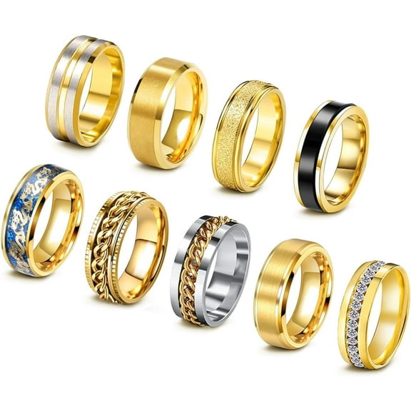 9Pcs Stainless Steel Band Rings for Men Women Cool Fidget Spinning Chain Ring Anxiety Relief Fashion Simple Wedding Engagement Black Ring Set