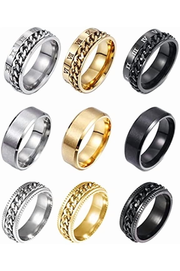 9Pcs Stainless Steel Chain Spinner Rings for Men Women Cool Fidget Band Rings Wedding Pormise Ring Set 8MM Size 7-13