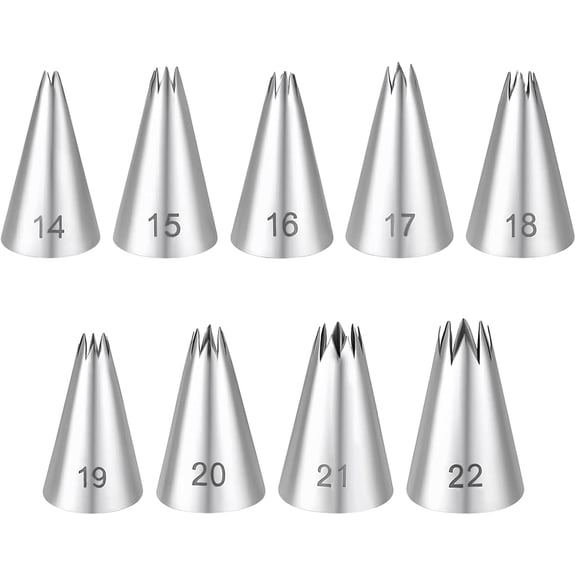 9Pcs Stainless Steel Piping Tips Set, French Star Tube Frosting Nozzle, Open Icing Tips, Cake Decorating tips for Cupcakes, Cookies, Cakes (Small Size)