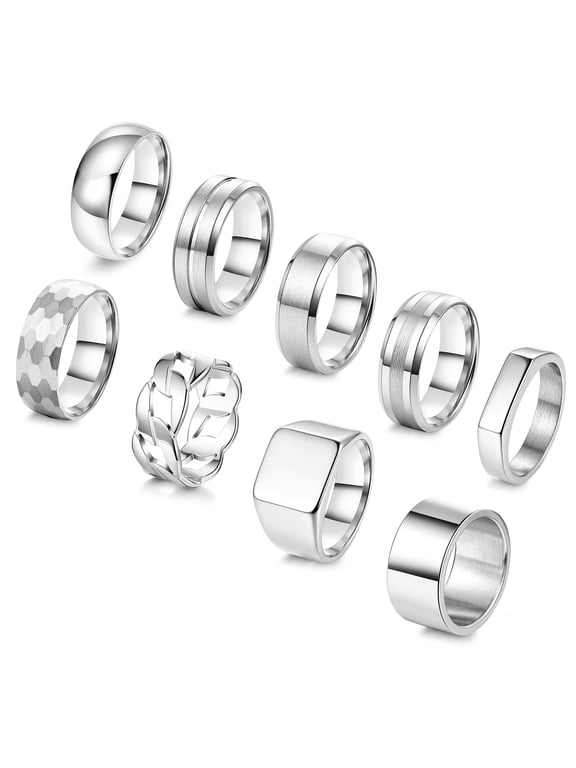 9Pcs Stainless Steel Rings for Men Square Signet Ring Pinky Thumb Rings Chunky Thick Cuban Link Chain Ring High Polished Simple Wedding Band Ring for Men Gold/Silver Mens Rings Set, Size 7-13