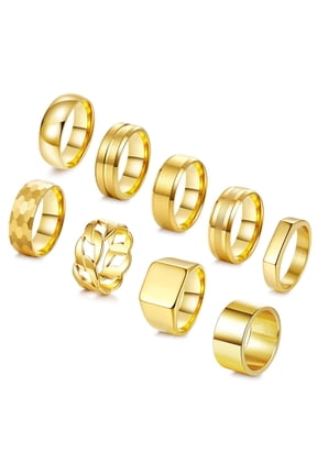 9Pcs Stainless Steel Rings for Men Square Signet Ring Pinky Thumb Rings Chunky Thick Cuban Link Chain Ring High Polished Simple Wedding Band Ring for Men Gold/Silver Mens Rings Set, Size 7-13
