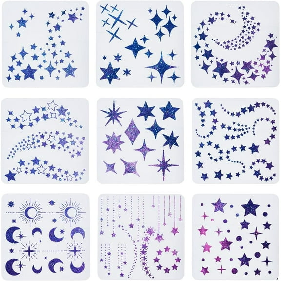 9Pcs Star Stencils for Wall Drawing Moon Twinkle Stars Stencil for Card Making Paint Reusable Painting Stencils Templates for Walls Wood Burning Art Craft Canvas Fabric Decor Clear