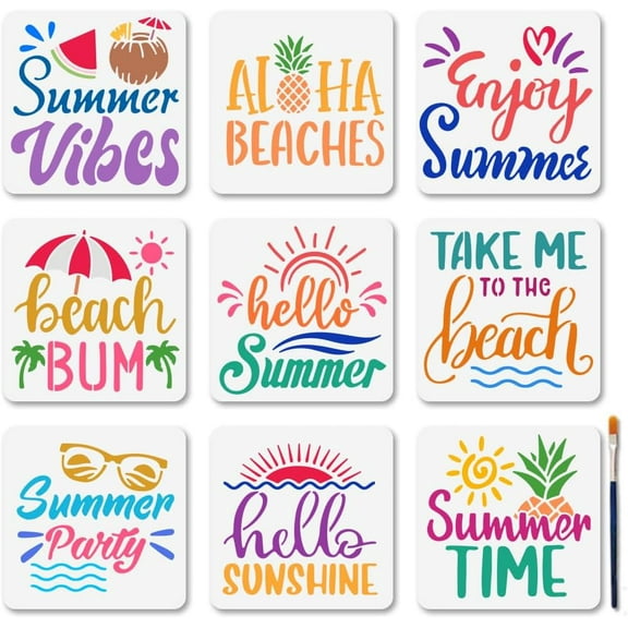 9Pcs Summer Slogan Stencil Set Reusable Hello Sunshine Stencils for DIY Painting 5.95.9inch Beach Party Art Craft Templates with Paint Brush for DIY Window Wood Wall Home Gift Decor