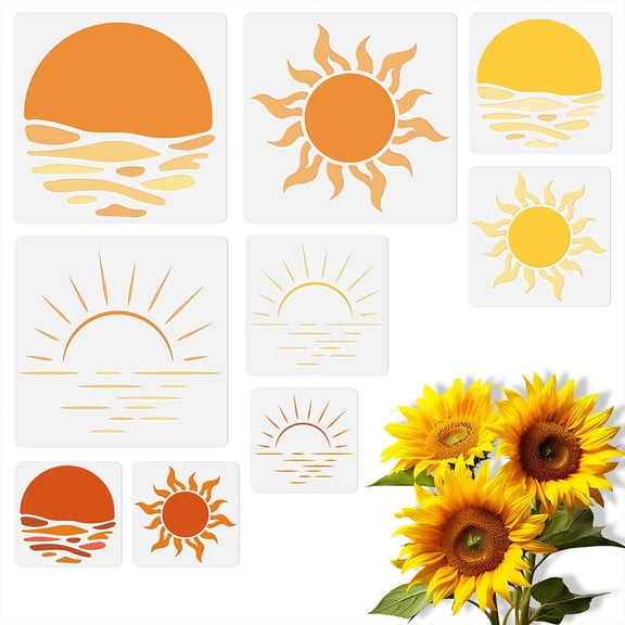 9Pcs Sun Wall Stencil Templates Reusable Plastic Large Medium Small Sun Stencils for Painting on Wood Wall Floor Tile Fabric Glass Furniture DIY Home