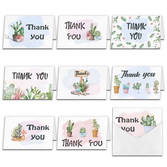 9Pcs Thank You Cards Cactus Series Rectangle Thanks Theme Greeting Cards Set Thank You Notes with Envelopes for Thanksgiving Mother's Day