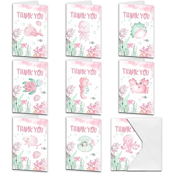 9Pcs Thank You Cards Marine Life Series Rectangle Thanks Theme Greeting Cards Set Thank You Notes with Envelopes