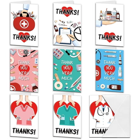 9Pcs Thank You Cards Medical Workers Appreciation Series Cards Thank You Notes Medical Equipment Pattern with Envelopes for Healthcare Workers Doctor Nurse 6"x4" Mixed Color DIY