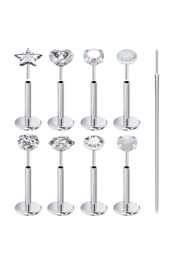 9Pcs Threadless Nose Rings Stud Flat Back Nose Stud Steel Push In Nose Rings Opal Heart Hypoallergenic Nose Piercing Earrings Piercing Jewelry
