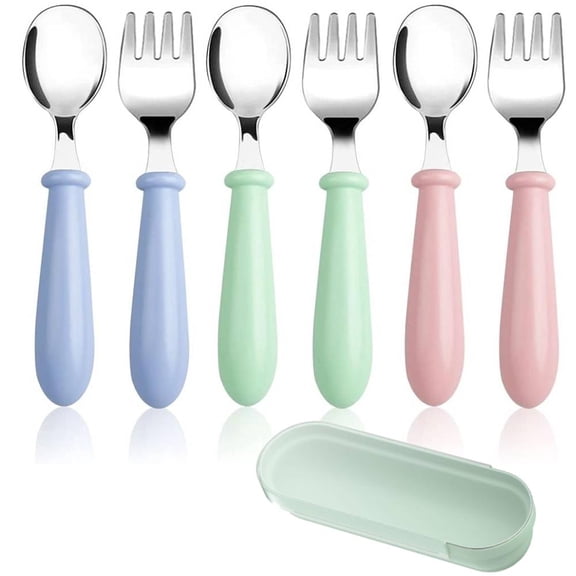 9Pcs Toddler Utensils, Stainless Steel Toddler Silverware Set with Round Handle, Baby Forks for Self Feeding, 3 Toddler Forks and 3 Toddler Spoons With Box, BPA Free