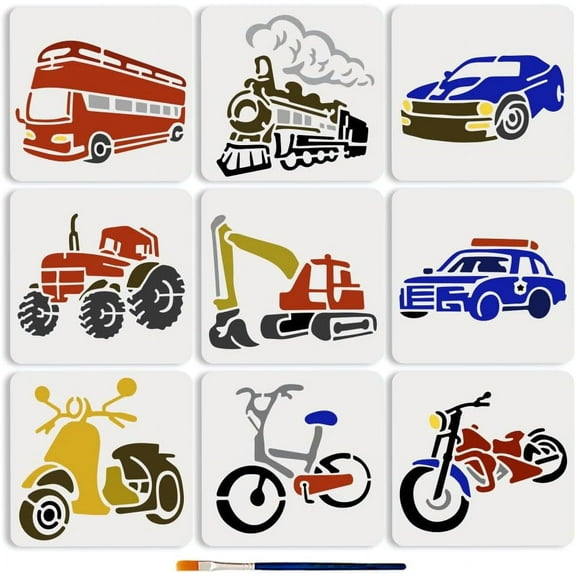 9Pcs Transportation Cars Drawing Template 5.9x5.9inchs Reusable Template Bus Tractor Motorcycle Car Excavator Bicycle Steam Train Painting Stencil for Painting Wall Home Decor DIY Making