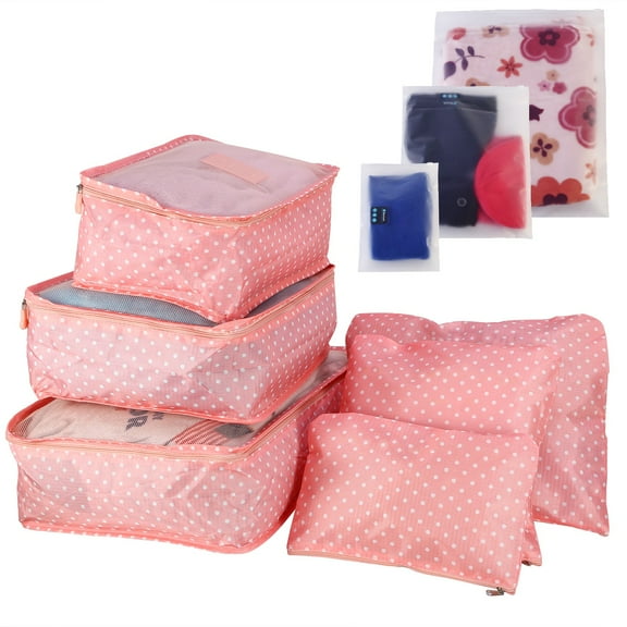 9Pcs Travel Luggage Storage Bags TeqHome Foldable Suitcase Organizer Travel Cubes Set for for Travel Accessories Pink Spot