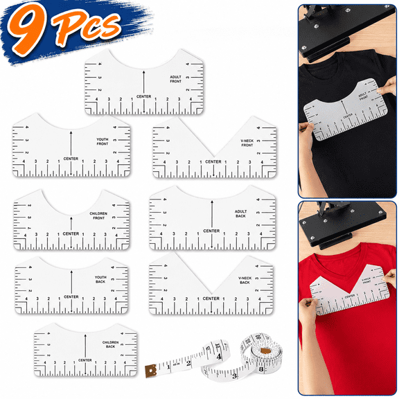 9Pcs Tshirt-Ruler Guide to Center Vinyl, Transparent V-Neck/Round PVC Ruler for Alignment, Heat Press, Youth Adult, Front and Back Measurement (10in)