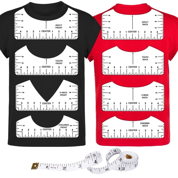 9Pcs Tshirt-Ruler Guide to Center Vinyl, Transparent V-Neck/Round PVC Ruler for Alignment, Heat Press, Youth Adult, Front and Back Measurement (10in)