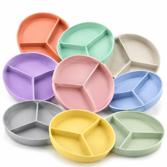 9Pcs Wheat Straw Divided Plates Set, 9.65 Inch Portion Control Plates with 3 Compartments, Reusable Sectioned Dinner Plates for Meal Prep, Snacks, Side Dishes and Everyday Dining, 9 Colors