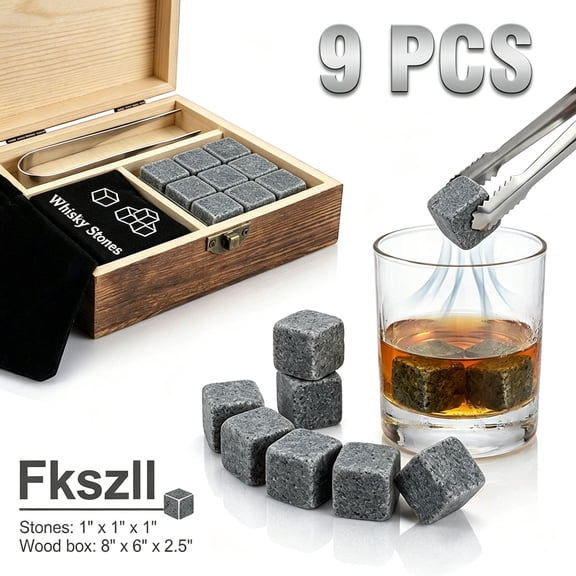 9Pcs Whiskey Stones Gift Set Granite Chilling Stones Reusable Ice Cubes Men/Women Birthday Present