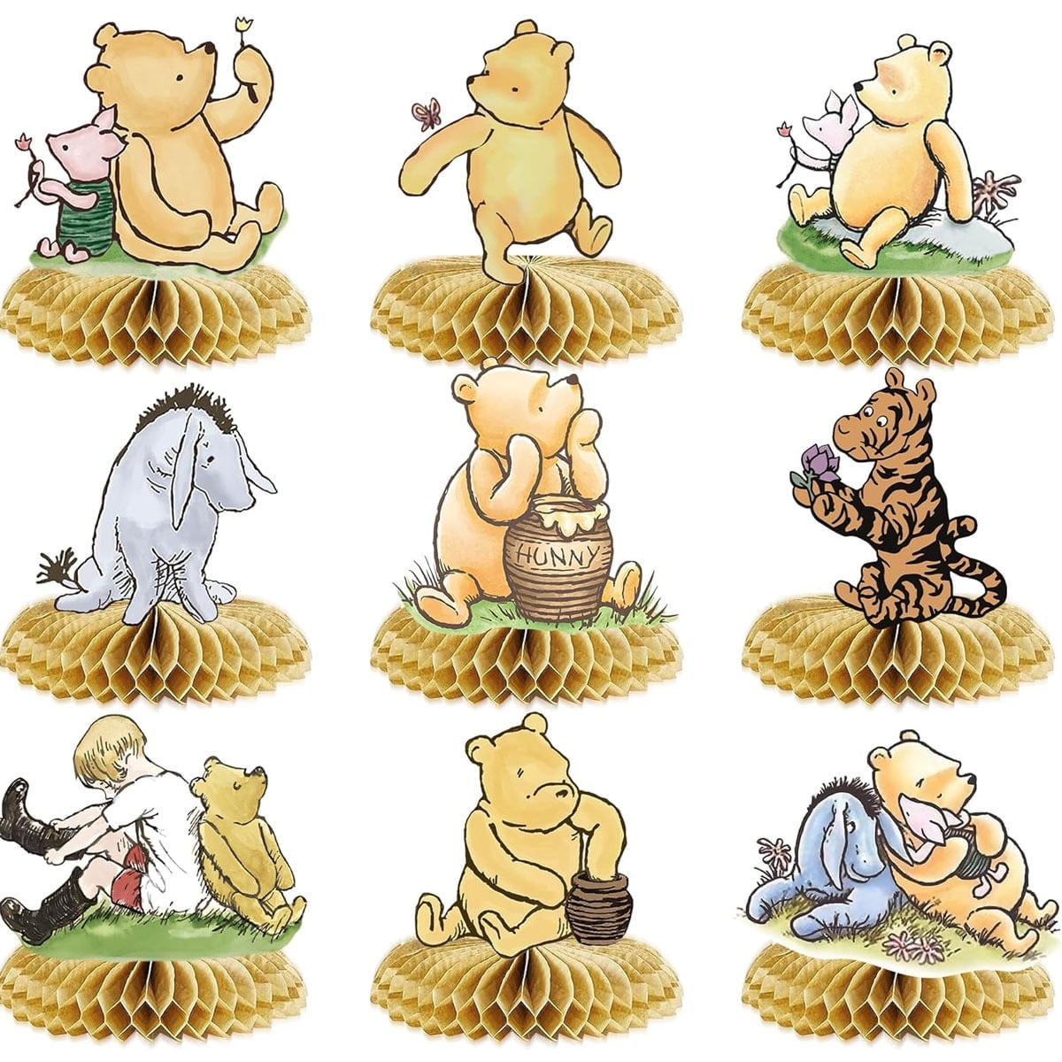 9Pcs Winnie the pooh Theme 3D Double Side Honeycomb Centerpieces Table Toppers,Cartoon Birthday Party Decorations Supplies for kids.