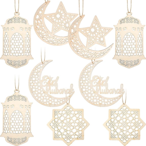 9Pcs Wooden Pendant Ornament Ramadan Hollow Decoration Moon Star Wind Light Shape Pendant Ornament Eid Decorations
