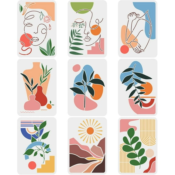 9Piece Boho Sunrise Abstract Art Stencils - 11.7x8.3inch Large Reusable Sets for Canvas Wood Paper Mixed Color 1set