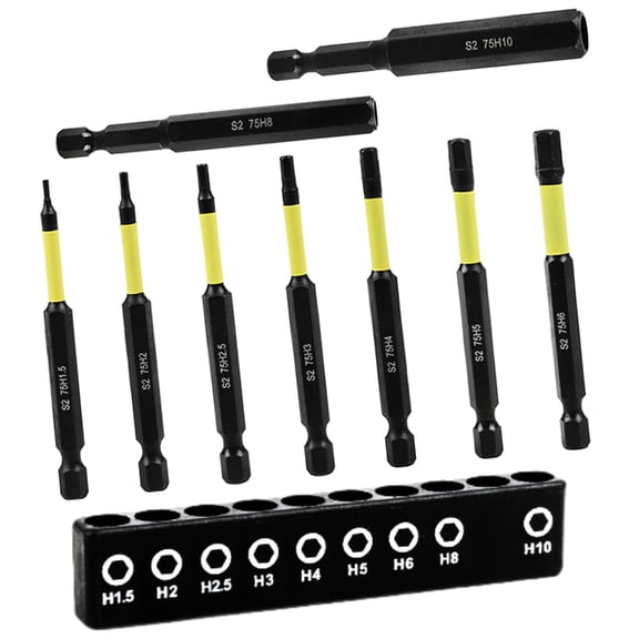 9Pieces Magnetic Tip Long Hex Head Allen Wrenches Drill Bit Set H 1.5 to H10 Impact Screwdriver Bit with 1/4Inch Shank