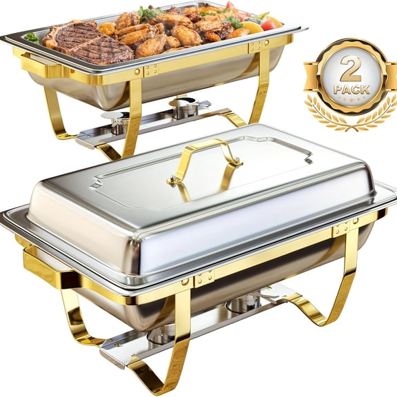 9QT 2/4 Set Golden & Silvery Chafing Dish - Stainless Steel Buffet Warmers with Full-Size Pans for Weddings/Parties/Banquets/Events