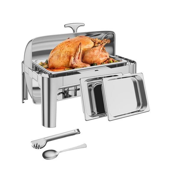 9QT Chafing Dish Buffet Set, Stainless Steel Roll Top Buffet Server, Commercial Chafer for Catering