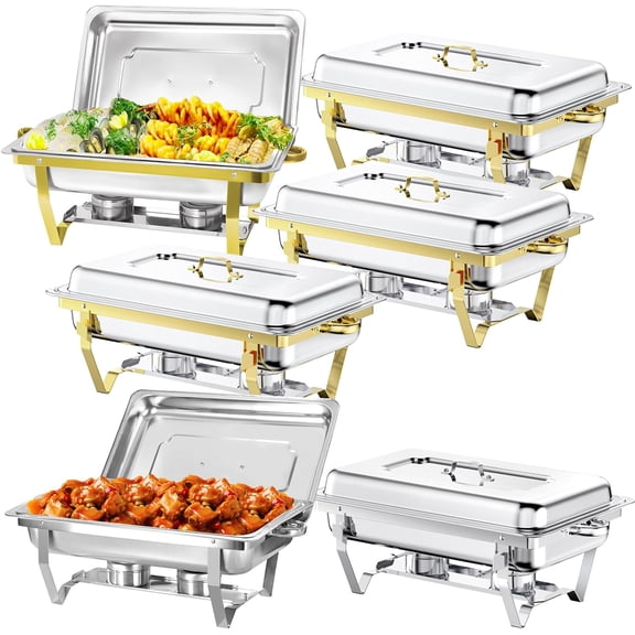9QT Chafing Dish High Grade Stainless Steel Complete Set Chafer Buffet Servers and Warmers Set with Folding Frame for Weddings Parties Banquets Catering Events (6 Pack (2 Silver+4 Gold))