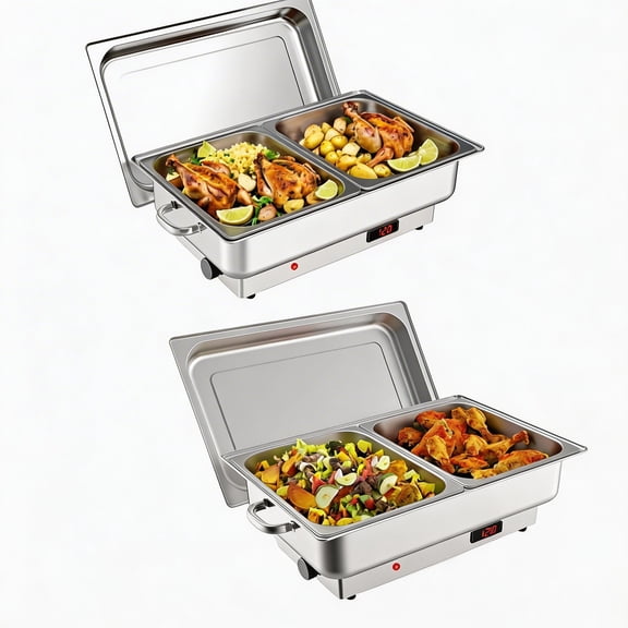 9QT Electric Chafing Dish Buffet Set with Digital Temperature Control, Stainless Steel Food Warmer with Warming Tray and Lid, Portable Catering Server for Parties Weddings Banquets, 23x14x11 Inch