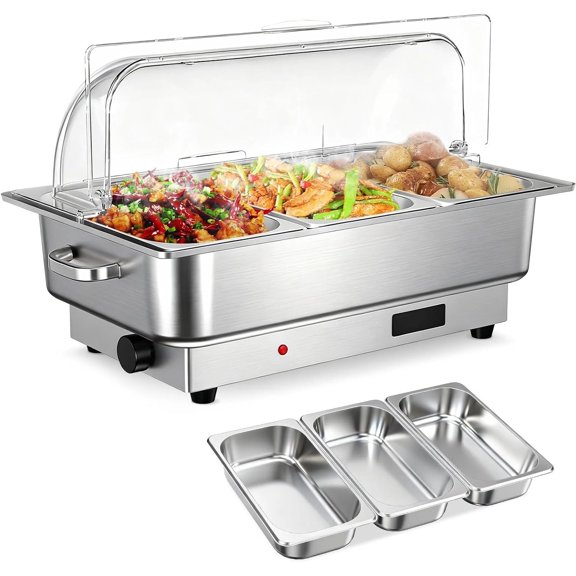 9QT Electric Chafing Dish Buffet Warmer, Stainless Steel Chafer with 3 One-Third-Size Pans, 400W Heating and Clear Roll-Top PC Lid