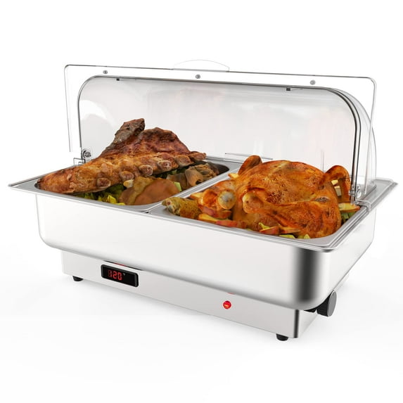 9QT Electric Chafing Dish Set with Temperature Control, Roll Top Stainless Steel Full-size Chafer with Transparent Lid for Catering and Food Servers
