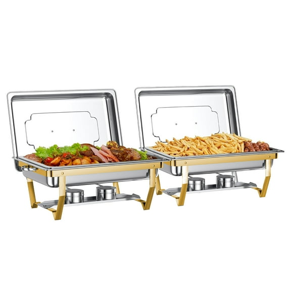 9QT Rectangular Semi-Gold-Plated Stainless Steel Chafing Dish Buffet Set, Buffet Warmer for Hotel Catering, Parties, Weddings, Gold, 6-Pack