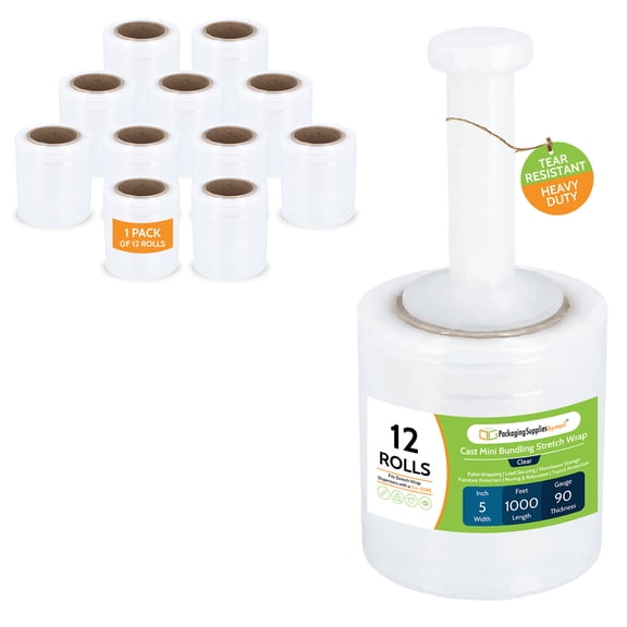 PSBM Cast Mini Hand Stretch Wrap 5" x 1000' 12 Rolls 90 Gauge Clear Shrink Film for Packing 1 Free Plastic Dispenser Handle Per Case