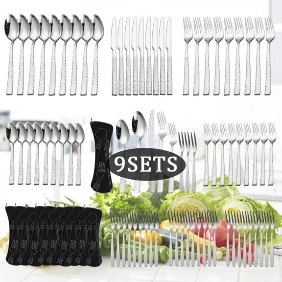 9Sets Stainless Steel Sparkling Silverware Tableware Square Handle Creative Hammered Pattern Cutlery Set Thickened Silverware Western Flatware Set Snakeskin Design for Steak and Burger Meals