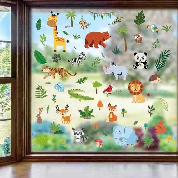 9Sheets 64Pcs Jungle Animals Window Clings Safari Animals Window Decals Glass Doors Window Anti-Collision Stickers for Home Classroom Nursery Zoo Animals Party Supplies Decorations