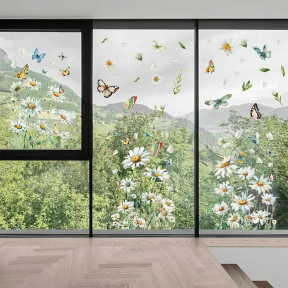 9Sheets Daisy Flower Window Clings DIY Green Leaves Butterflies Window Sticker Self-Adhesive Creative Static Decals