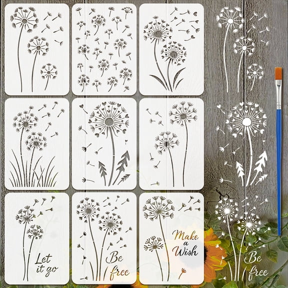 9Styles Dandelion Pattern Stencils with a Brush 11.7x8.3Inch Heart Shape Dandelion Painting Stencils Text Let It Go Drawing Stencil PET