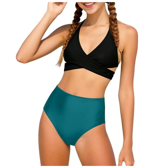 9T 10T Bathing Suits For Girls Girl Swimsuits Bikini Set Solid Color V-Neck Two Piece Bathing Suit