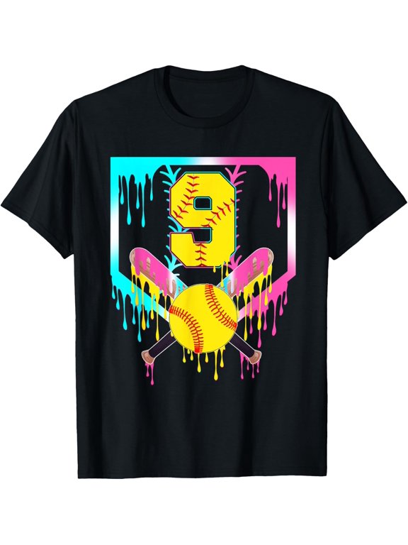 9Th Bday Softball Home Plate Drip Ice Cream 9 Year Old T-Shirt Size S-5XL