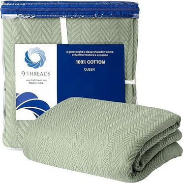 9Threads Luxury Cotton Blankets for Queen Size Bed | All-Season 100% Cotton Queen Size Blanket | Herringbone Cozy Lightweight, Soft Breathable Fall Thermal (Sage Grey, Queen (U.S. Standard))