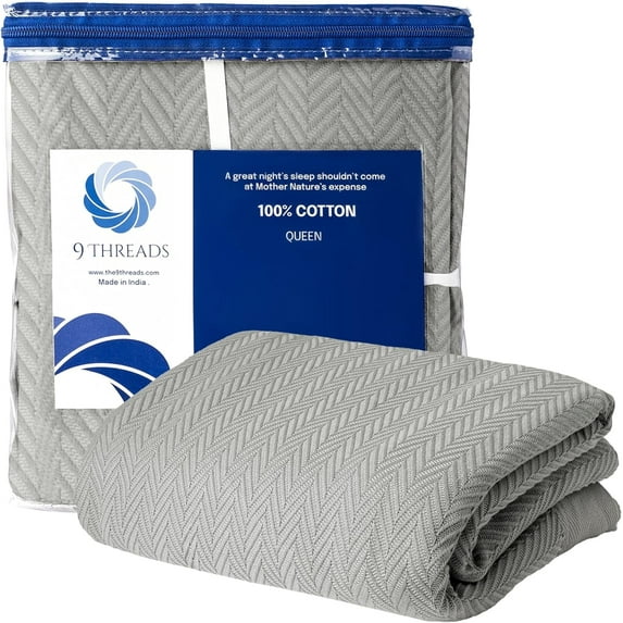 9Threads Luxury Cotton Blankets for Queen Size Bed | All-Season 100% Cotton Queen Size Blanket | Herringbone Cozy Lightweight, Soft Breathable Fall Thermal (Scottish Grey, Queen (U.S. Standard))