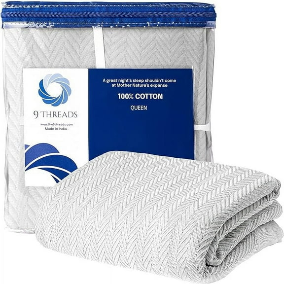 9Threads Luxury Cotton Blankets for Twin Size Bed | All-Season 100% Cotton Twin Size Blanket | Herringbone Cozy Lightweight, Soft Breathable Fall Thermal (White, Twin)