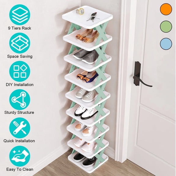 9 Tiers Vertical Shoe Rack Plastic Stackable Shoe Rack Tall Narrow Shoe Rack for Entryway Green