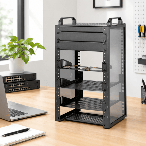 9U/10in/Black 10 Inch Mini Network Server Rack with Side Panels and Top Handles