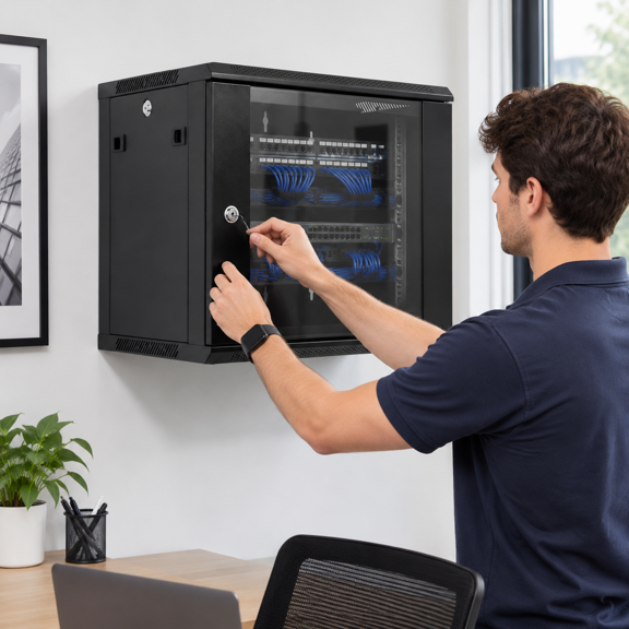 9U Wall Mount Network Rack Cabinet with Locking Glass Door and Quiet Fan