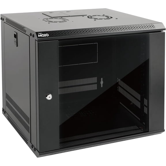 9U Wall Mount Server Cabinet IT Network Rack Enclosure Lockable Door and Side Panels Black,Cooling Fan, Glass Door, 17.7inch Depth,for 19 IT Equipment, A/V Devices