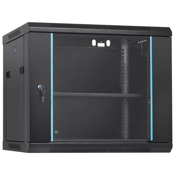 9U Wall Mount Server Rack Cabinet 15.5 Inch Deep Locking Enclosure for Network AV Equipment 200 lb Capacity Glass Door