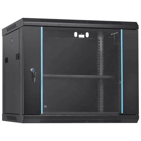 9U Wall Mount Server Rack Cabinet 15.5 Inch Depth Lockable Glass Door Side Panels 200 lbs Capacity for IT AV Equipment