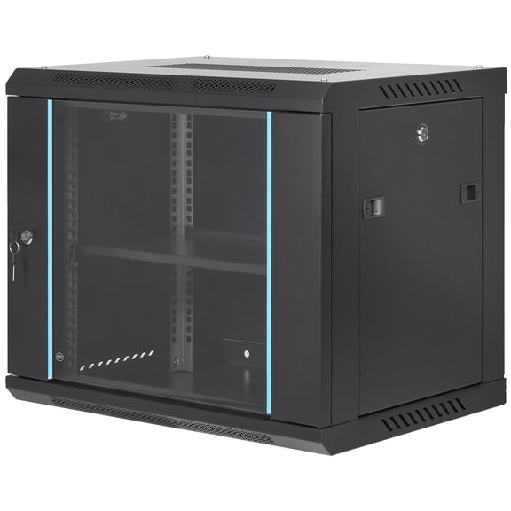9U Wall Mount Server Rack with Locking Glass Door and Side Panels, 15.5-Inch Depth, Supports 200 lbs for IT and AV Equipment