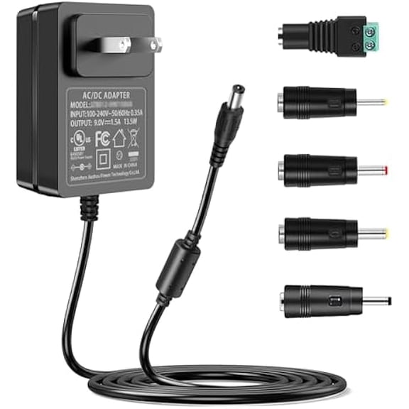 9V 1.5A AC to DC Power Supply Adapter, AC 100V-240V to 9 Volt 1.5 Amp Charger with Multiple Tips, Center Positive, Compatible for Arduino UNO, Schwinn Elliptical, Crosley Record Player CR8005A.